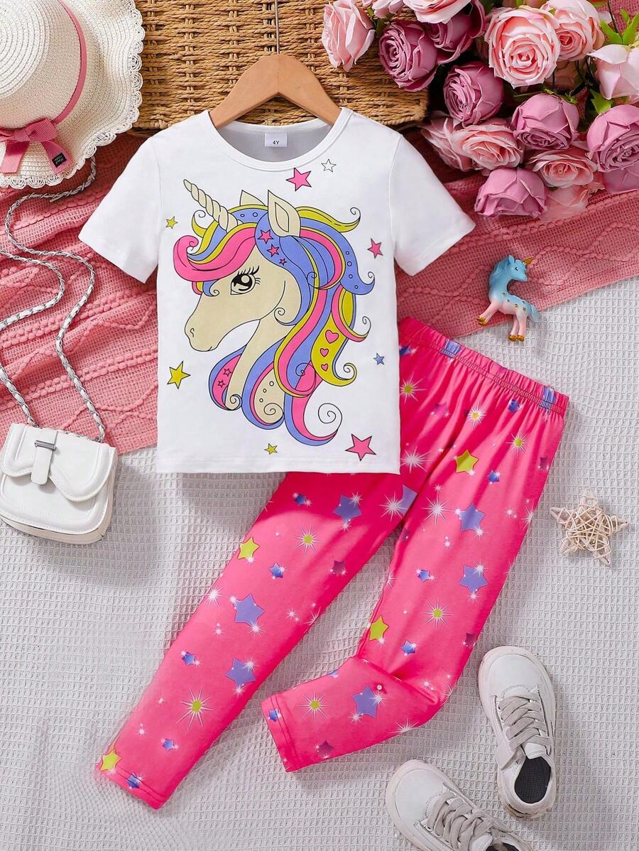 Young/Young Girl Unicorn Graphic T-Shirt And Start Pattern Leggings,Comfortable & Stylish Outfit For Daily Wear,Outdoor,SportsSpring/Summer Unicorn