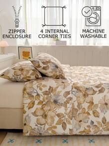 柔软超细纤维花卉图案被套套装 - 最佳两件套/三件套床上用品套装 - 包括 1 个被套和 1/2 个枕套 - 价格实惠，品质优良，适用于单人床、双人床、加大双人床、标准双人床 - 米色 - 查看 4