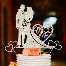 1pc Premium Metal Rhinestone Cake Topper, Bride And Groom Silhouette Shape Cake Hat For Wedding, Engagement, Anniversary, Party, Valentine's Day