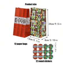 24pcs/Set, 12 Gift Bags + 12 Stickers, Pixel Gift Bags, Suitable For Birthday Party And Holiday Celebration