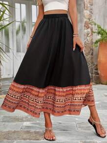 Women's Vacation Casual Printed Patchwork Skirt - Black - View 4