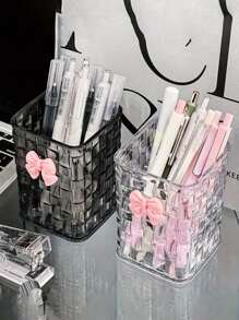 1pc Clear Acrylic Desk Organizer With Bow Accent - PMMA Pen Holder And Storage Basket For Office Supplies, Pens, And Accessories