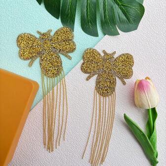 1 片金色蜜蜂图案流苏水钻布贴，熨烫钻石贴纸，服装，鞋子，帽子，箱包，窗帘，门帘，墙壁装饰贴纸，手工 DIY 钻石贴片贴纸