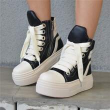 Funky Woman And Man High-Top Casual Sneakers Vintage Style Lace-Up With Zipper Thick Sole Tennis Shoes - Đen và trắng - Xem 2