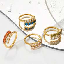 1pc 18K Plated Stainless Steel Fashionable Simple Style Cubic Zirconia Inlaid Ring, Suitable For Party, Dates, Work, French Ins Style