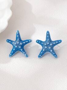 1 par de pendientes con diseño de estrella de mar azul simple, joyería de moda con estilo oceánico para mujeres en vacaciones
