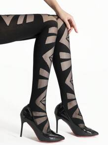 1pc Black Geometric Pattern Pantyhose For Women, Super Thin Breathable Nylon, High Stretch Skinny Tight Pants, Suitable For Daily Wear/Party & Banquet
