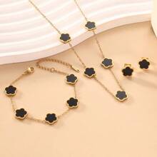 Conjunto de joyería de collar, pulsera y aretes con colgante de flor de 5 pétalos de acero inoxidable, accesorios de moda versátiles, mejor regalo para mujeres