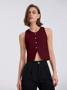 Women's Solid Color Sleeveless Front Button Casual Blouse - Red - View 6
