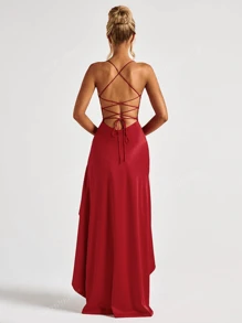 Vestido con cuello cuadrado, volante y lazo en la espalda con volante en el bajo para mujer, otoño