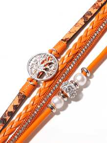 1pc Life Tree Pearl & Orange Leather Bracelet, Mother's Day Gift For Women