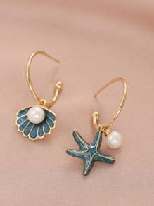 1Pair New Hot Boho Style Pearl Shell Starfish Pendant C-Shaped Drop Earrings For Women Summer Beach Jewelry