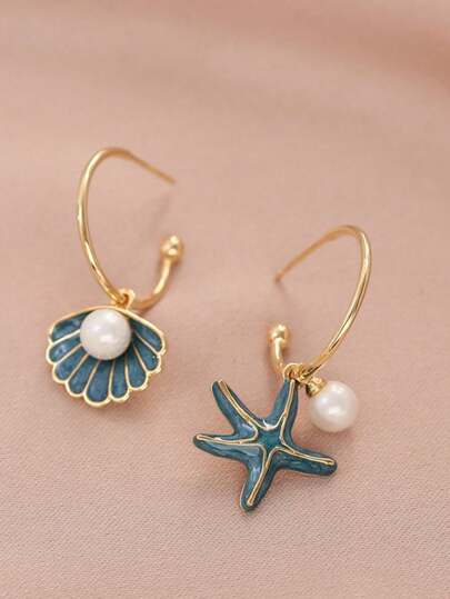 1Pair New Hot Boho Style Pearl Shell Starfish Pendant C-Shaped Drop Earrings For Women Summer Beach Jewelry