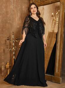 Elisanya Vestido de noche elegante SUPGIR Plus para mujer con escote en V, manga con flecos de gasa con aplicaciones de lentejuelas, ajuste elegante y estilizado