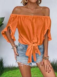 Blusa off-Shoulder con Mangas Acampanadas y Lazo Frontal Estilo Fresco y Elegante para Mujer - Naranja - Ver 2