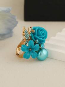 1pc Fashion Floral Butterfly Pearl Adjustable Ring