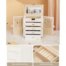 Leather Huge Jewelry Box Mirrored Watch Organizer Necklace Ring Earring Storage Lockable Gift Case (White + Gold)