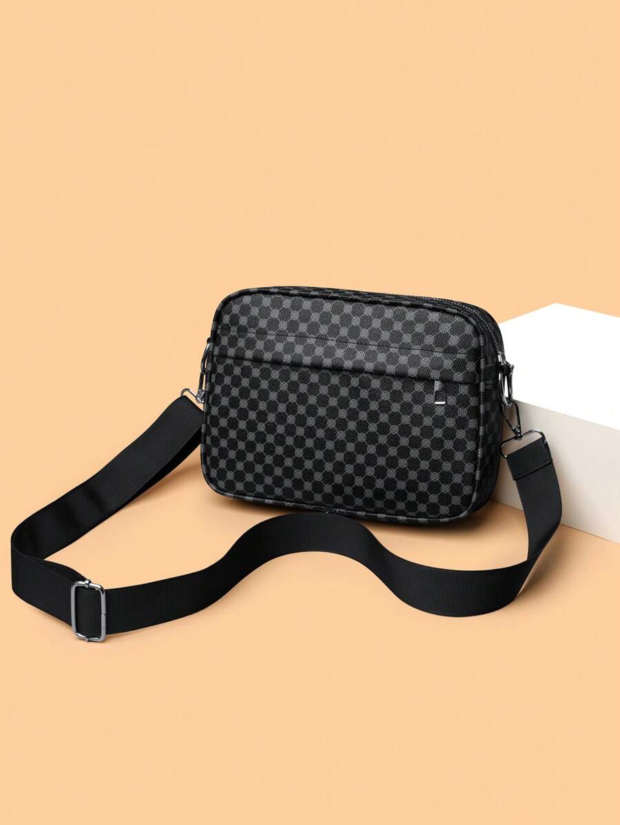 男士休闲格子单肩包，新款韩版真皮斜挎包，时尚小方包，品牌拼接小背包，公文包，单肩包 - 藏蓝色 - 查看 1