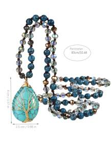 Handmade Bohemian Style Long Necklace With Exquisite Turquoise Wrapped Pendant, Vintage Blue Dotted Knotted Beaded Hanging Chain, Suitable As A Gift For Women On Thanksgiving - Multicolor - View 8