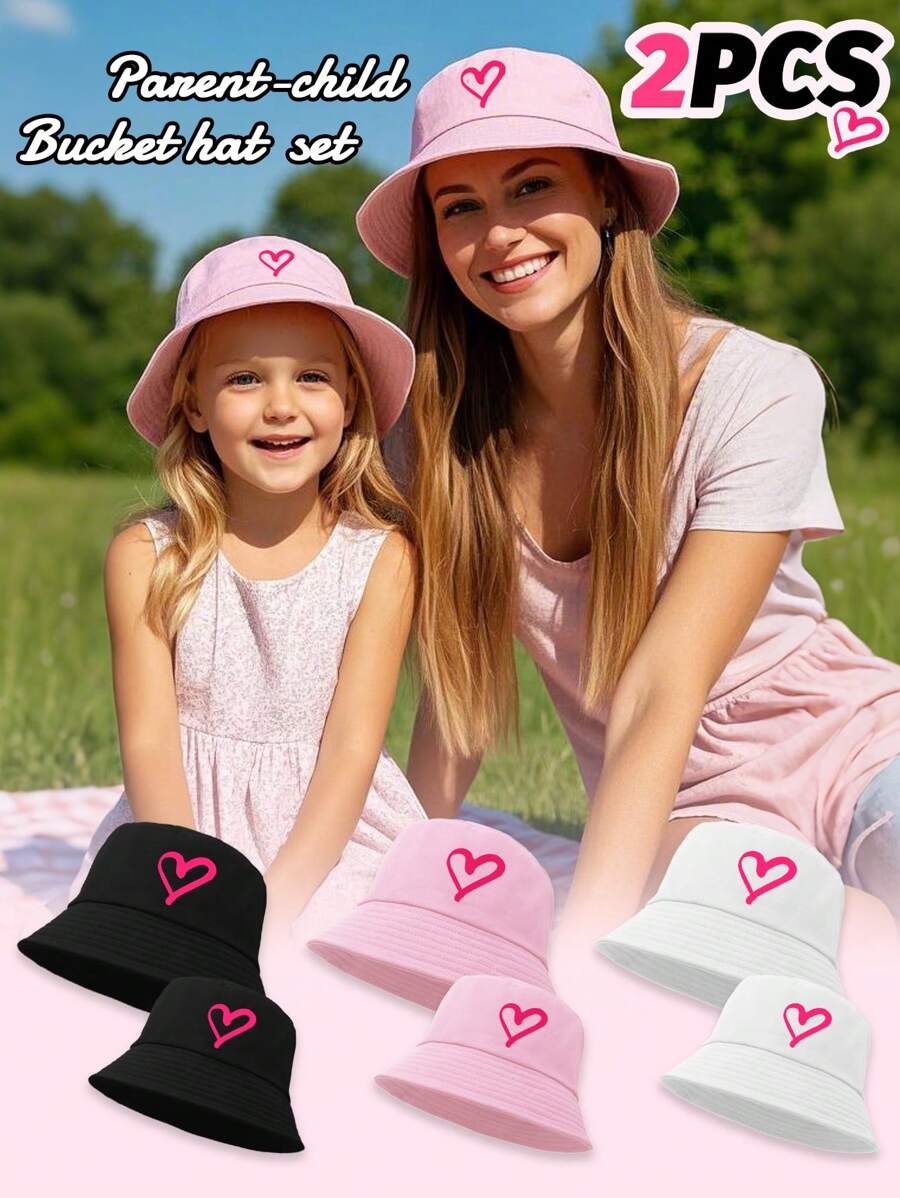 Set de 2 sombreros de cubo con estampado de corazón a juego para padres e hijos, con opciones de multicolor, adecuado para salidas familiares, picnics y vacaciones - Multicolor - Ver 1