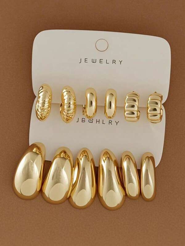 European And American Retro Style Fashionable Gold-Color C-Shape Earrings Set