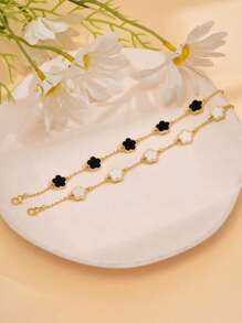 Set de 2 piezas Pulsera con cadena de flor de cinco pétalos bicolor, joyería de moda para primavera/verano, adecuada para uso diario, regalo para el Día de la Madre