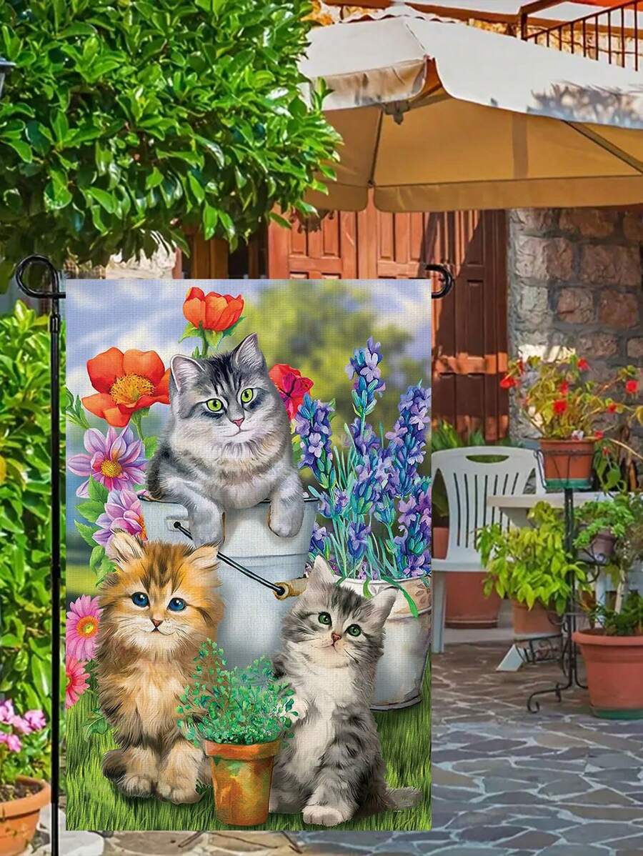 1pc Cute & Lively Cat Series Garden Flag, Decoration For Yard, Patio, Outdoor, Spring/Summer