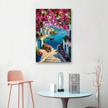 1 Cartel de impresión en lienzo de una aldea escénica frente a la playa, arte de pared moderno, pintura decorativa, adecuada para el hogar, dormitorio, sala de estar, baño, oficina, decoración del hogar, decoración de pared