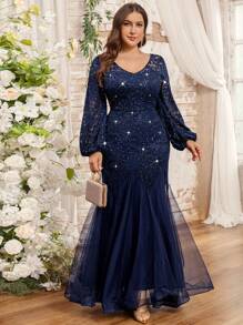 Plus Size Elegant V Neck Sequin Floral Lace Lantern Sleeve Contrast Mesh Mermaid Hem Formal Party Long Dress, Wedding Guest Dress, For Birthday - Navy Blue - View 10