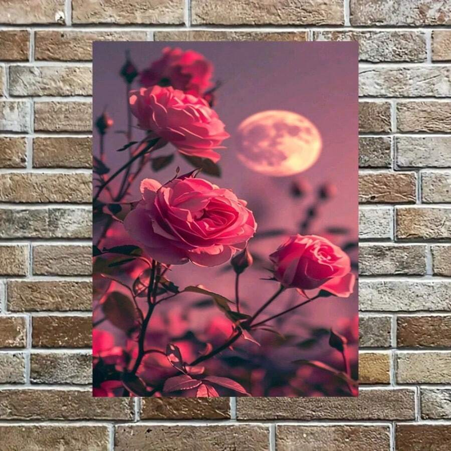 5D DIY 钻石画套件 - 月亮和玫瑰花 - 十字绣刺绣工艺礼物，适合初学者和业余爱好者 - 适合家庭、卧室、书房的理想墙面装饰
