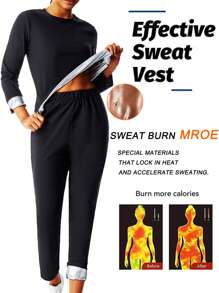 1套2025新款女式户外跑步/健身长袖上衣+长裤，桑拿运动服，减肥，腰部训练，适合秋冬季塑身衣上衣+塑身裤健身房配件