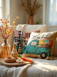 1pc/4pcs Easter Bunny Egg Car Sofa Pillow Case, HD Printed Linen Throw Pillow Cover, Easter Decorations For Car Home Living Room, Bedroom, Sofa, 17.7*17.7 Inch/45x45cm (Without Pillow Insert) Gifts Birthday Graduation