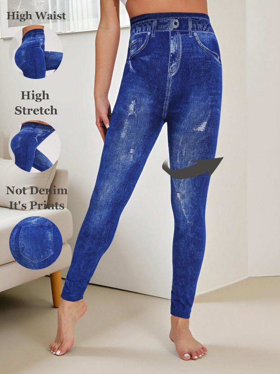 Quần legging thời trang thường ngày cho nữ, tiệc bãi biển ngoài trời hiệu ứng denim giả sờn, thích hợp cho tập luyện thể dục thể thao, quần lửng co giãn mềm mại thoải mái cho yoga, chạy bộ, trang phục thường ngày - Màu xanh lam - Xem 1
