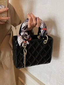 1 pieza Nuevo bolso de moda para mujer, unicolor simple con forma cuadrada de PU, patrón de rombo, elegante y de alta gama con pañuelo y colgante, versátil para negocios, compras y transporte