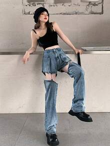 Women's Casual Street Style Zip-Up Patchwork Denim Long Pants