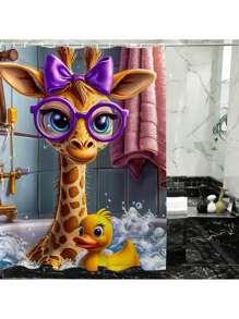 1 Peça Cortina de Chuveiro Cartoon Girafa e Banho de Bolha, Design de Papel de Parede Tropical com Patinhos Amarelos, Decoração Divertida para Banheiro, Inclui 12 Ganchos De Volta às Aulas