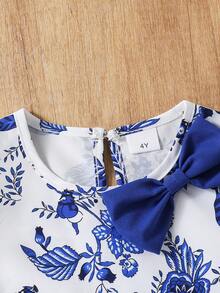 Young Girl' Middle Eastern Style Retro Print Bow Front Dress - White - View 7