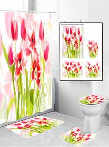 1/4pcs Flower Petal Printed Waterproof Shower Curtain Set, Includes 12 Curtain Hooks, Bathmat, U-Shaped Mat, Modern Home Bathroom Decor, Washable Polyester Fabric, Suitable As Gift