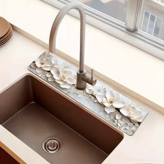 1 件优雅白色花卉 3D 水龙头垫，耐用聚酯纤维防潮防滑排水垫，适用于厨房和浴室水槽，水龙头吸盘垫，适用于浴室台面的干燥垫，厨房和浴室柜台配件