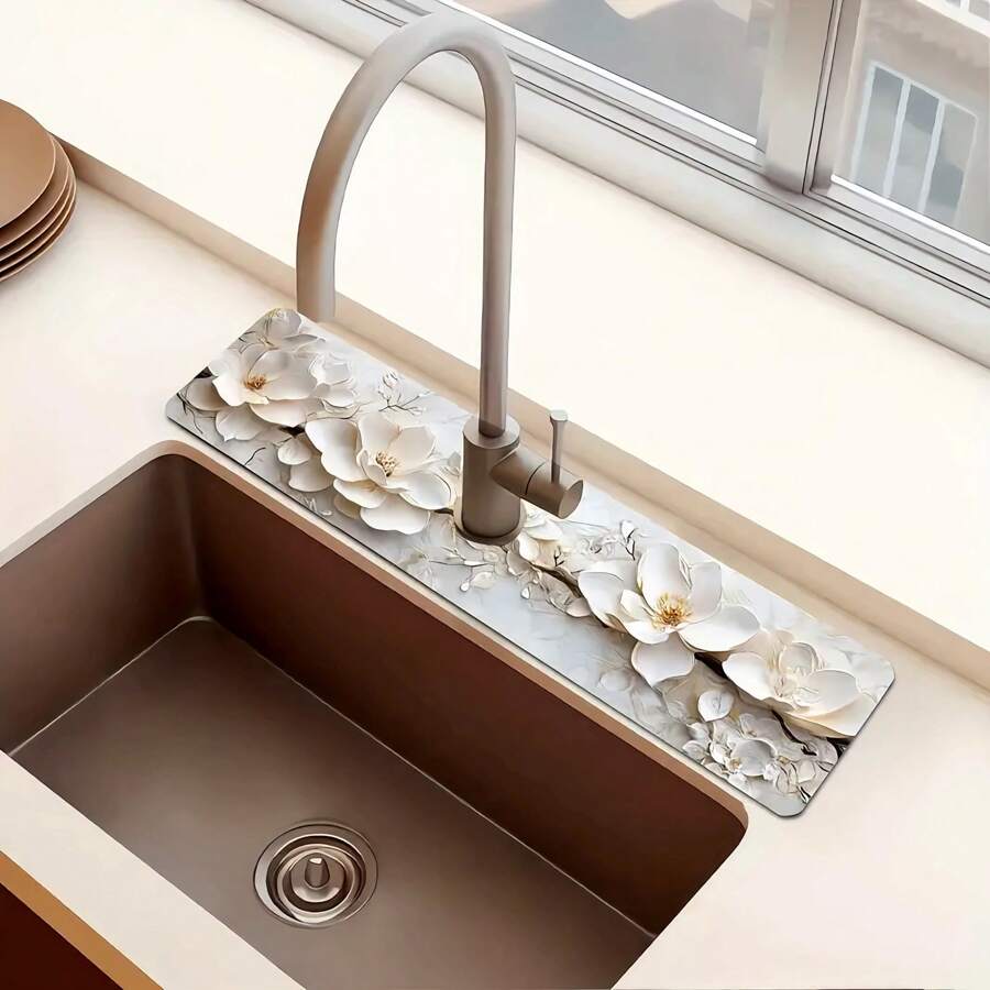 1pc Elegant White Floral 3D Faucet Mat, Durable Polyester Moisture-Non-Slip Proof Drain Pad For Kitchen & Bathroom Sinks, Faucet Suction Mat, Drying Pad Suitable For Bathroom Countertops, Kitchen And Bathroom Counter Accessories - Multicolor - View 1