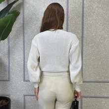 Women's Knitted Blouse With Puff Sleeves, Round Neck, Soft Braid, Winter - Blanco - Ver 2