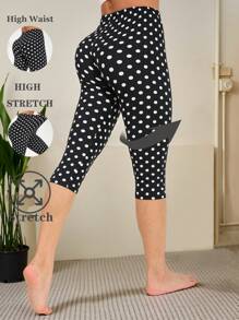 Women's Casual Sports Black Leggings With White Polka Dot Print Pattern, Stretchy And Comfortable For Fitness, Running, Weightlifting, Yoga, Outdoor Activities, Suitable For Spring/Summer