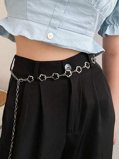 1 件女式银色镂空花朵腰链，百搭身体链，适合连衣裙、西装、衬衫和日常穿着，秋季、万圣节