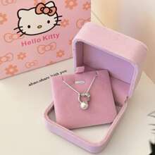 Sanrio 1pc Sanrio Brand Cultured Pearl Necklace Set With Earrings, Rhinestone Kitty Cat Pendant Necklace, Gifts For Girlfriend, Birthday, Best Friends