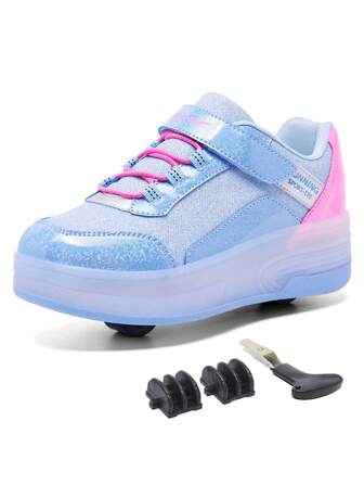 新款儿童双轮 LED 灯鞋，户外时尚百搭青少年滑板运动鞋，休闲运动