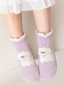 5 paar ademende mesh cartoon dierenprint kant trim mid-calf sokken voor kinderen, geschikt voor lente/zomer