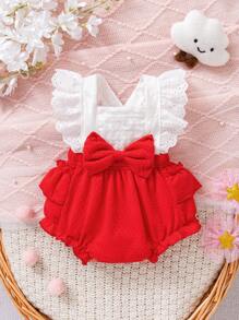可爱时尚女宝宝撞色夏季连体衣白色蕾丝点缀交叉绑带拼接红色三角裤蝴蝶结设计 Hayi 连体衣 - 紅色 - 查看 1