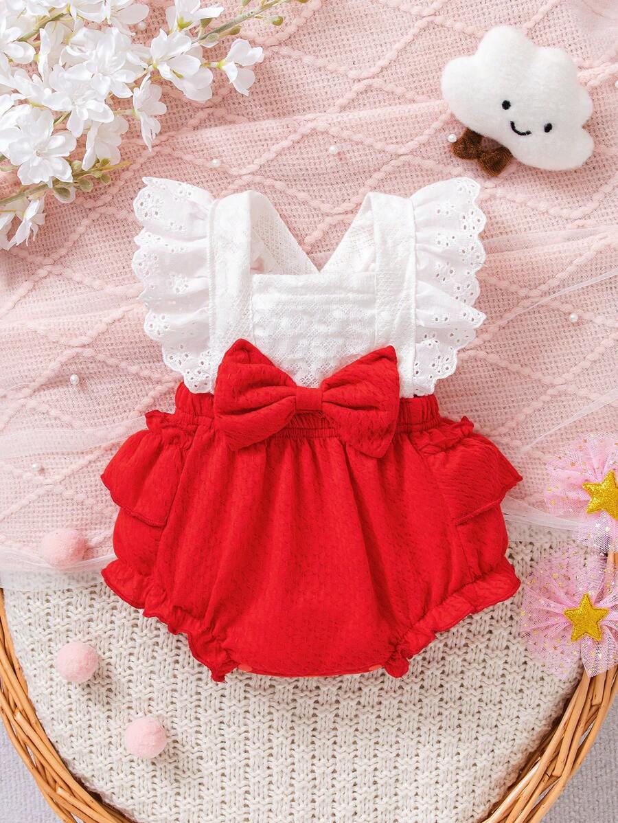 可爱时尚女宝宝撞色夏季连体衣白色蕾丝点缀交叉绑带拼接红色三角裤蝴蝶结设计 Hayi 连体衣 - 紅色 - 查看 1