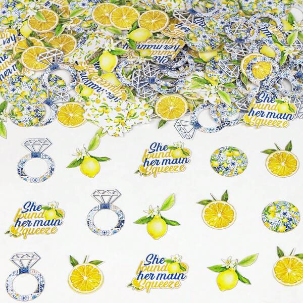 200 Pcs She Found Her Main Squeeze Confetti - Blue Tile And Lemon Bridal Shower Decorations, Double Sided Lemon Confetti Lemonade Scatter Table Decor For Bachelorette Engagement Party