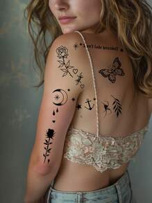 1 pièce de tatouage temporaire mixte pour femmes, autocollant d'art corporel imperméable, avec des motifs réalistes et sexy de fleurs, papillons, étoiles, lune, feuilles, etc.